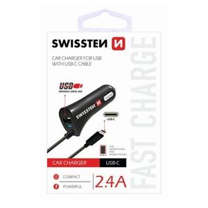 Autonabíjačka Swissten 1xUSB 2.4A s USB-C káblom Čierna vyobraziť