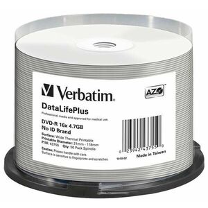 VERBATIM DVD-R(50-Pack)/Spindle/16X/4.7GB/DataLife Plus Wide Thermal Professional No ID Brand vyobraziť
