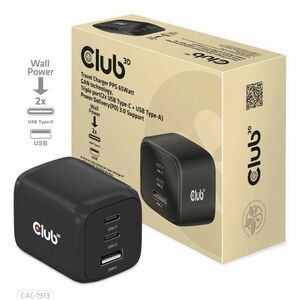 Club3D cestovná nabíjačka 65W GAN technológia, 3 porty (2xUSB-C + USB-A), PPS, Power Delivery (PD) 3.0 Support vyobraziť