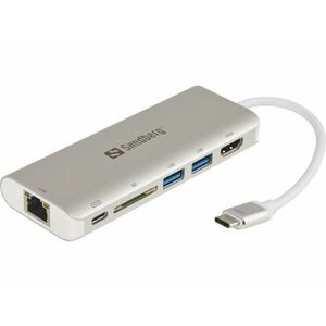 Sandberg USB-C dokovací stanice, HDMI+SD+USB+RJ45+USB-C(100W), stříbrný vyobraziť