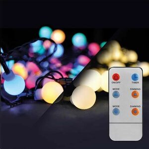 Solight LED 2v1 vonkajšia vianočná reťaz, guľa, diaľkový ovládač, 100LED, RGB+biela, 10m+5m, 8 funkcií, IP44 vyobraziť