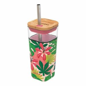 Quokka Liquid Cube pohár so slamkou 540 ml, pink jungle flora vyobraziť