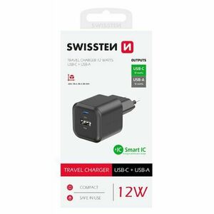 SWISSTEN SÍŤOVÝ ADAPTÉR 12W 1x USB-C + 1x USB-A ČERNÝ vyobraziť