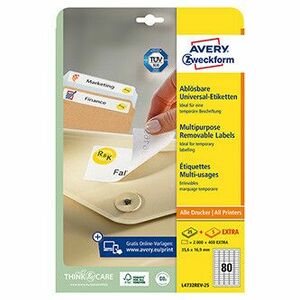 Avery Zweckform etikety 35, 6mm x 16, 9mm, A4, biele, 80 etiket, snímateľné, balené po 25 ks, L4732REV-25, pre laserové a atrament vyobraziť