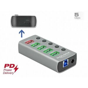 Delock Rozbočovač USB 3.2 Gen 1 so 4 portami + 1 rýchlonabíjacím portom + 1 portom USB-C™ PD 3.0 s prepínačom a osvetlením vyobraziť