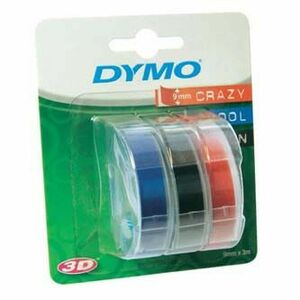 Dymo originál páska do tlačiarne štítkov, Dymo, S0847750, biely tisk/černý, modrý, červený podklad, 3m, 9mm, 1 blister/3 ks, 3D vyobraziť