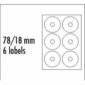 Logo etikety na CD 78/18mm, A4, matné, biele, 6 etiket, 140g/m2, balené po 10 ks, pre inkoustové a laserové tlačiarne vyobraziť