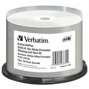 Verbatim DVD-R, Wide Printable Waterproof No ID, 43734, 4.7GB, 16x, spindle, 50-pack, 12cm, pre archiváciu dať vyobraziť