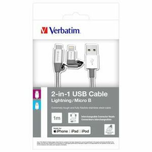 Verbatim USB kábel (2.0), USB A samec - microUSB samec + Apple Lightning samec, 1m, strieborný, box, 48869, 2 in 1 - nastaviteľná vyobraziť