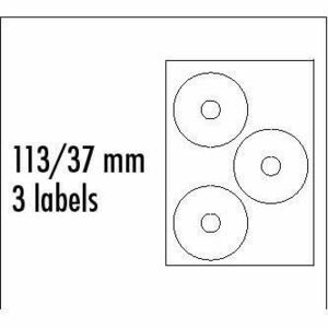 Logo etikety na CD 113/37mm, A4, matné, biele, 3 etikety, 140g/m2, balené po 25 ks, pre inkoustové a laserové tlačiarne vyobraziť