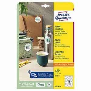 Avery Zweckform etikety 60mm, A4, biele, 12 etiket, balené po 10 ks, L3416-10, pre laserové a inkoustové tlačiarne, kopírky vyobraziť