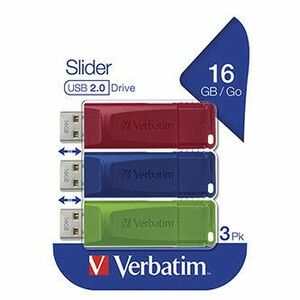 Verbatim USB flash disk, USB 2.0, 16GB, Slider, zelený, modrý, červený, 49326, USB A, s výsuvným konektorom, 3 ks vyobraziť