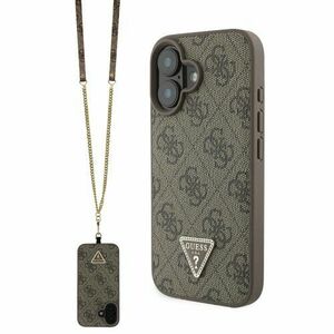 Guess PU 4G Strass Triangle Metal Logo Zadní Kryt + Crossbody Popruh pro iPhone 16 Brown vyobraziť