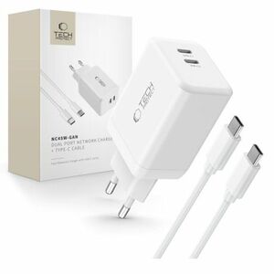 Tech-Protect NC45W GaN sieťová nabíjačka 2x USB-C 45W + kábel USB-C, biela vyobraziť